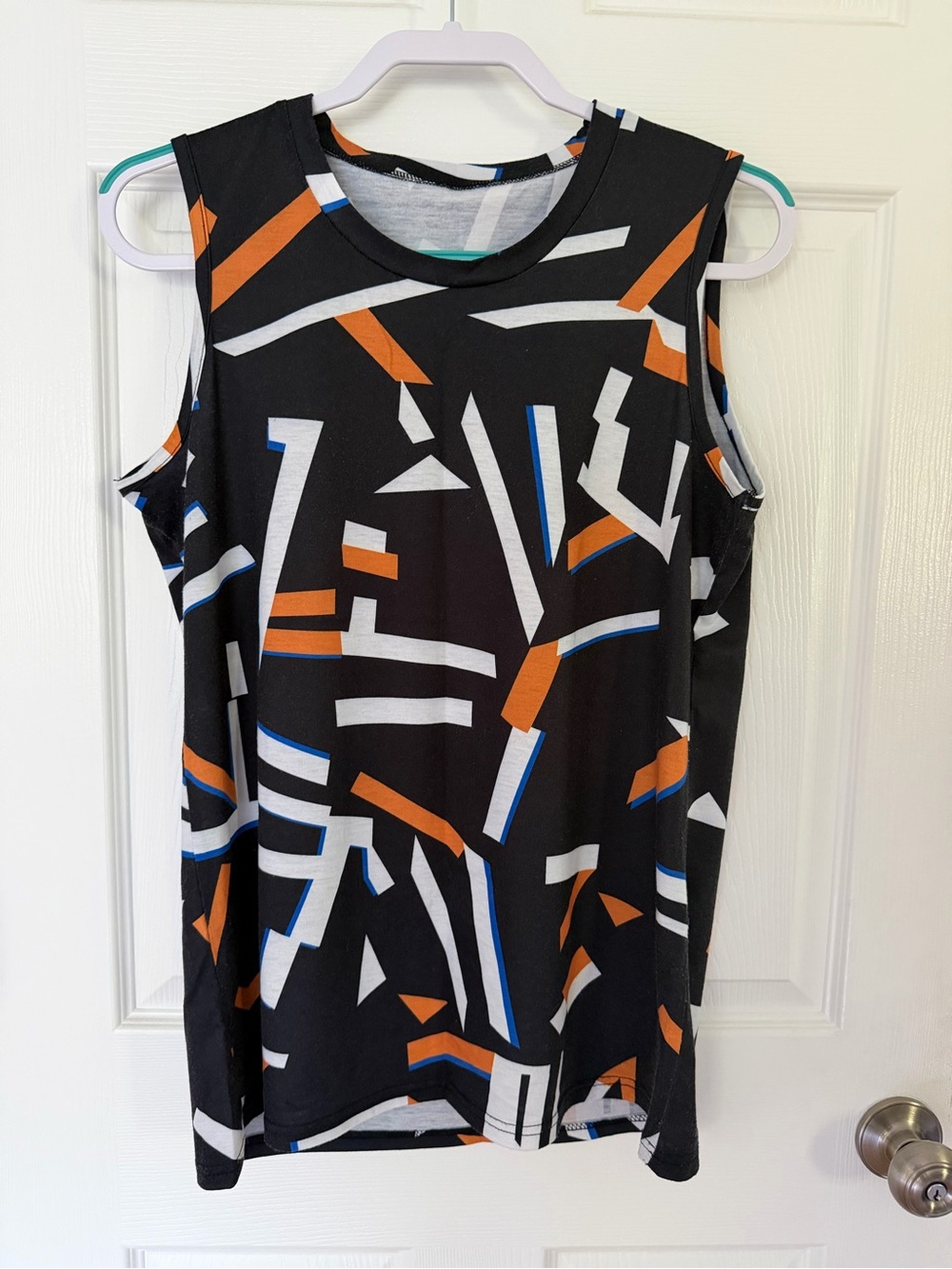 Sleeveless Geometric Mini Dress in Black, Orange & White